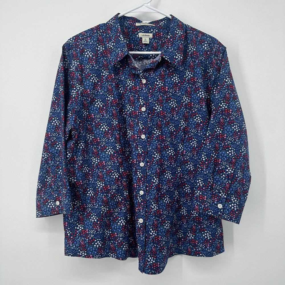 L.L. Bean Blue Pink Floral Button Up Blouse Wrinkle Free Womens Size XL Petite