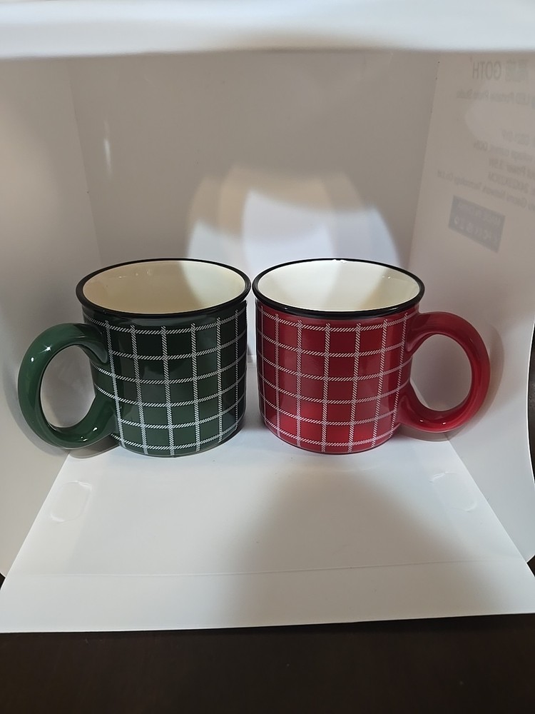 Hallmark Red & Green Plaid Christmas Holiday Coffee Mugs Soup Cups Set of 2