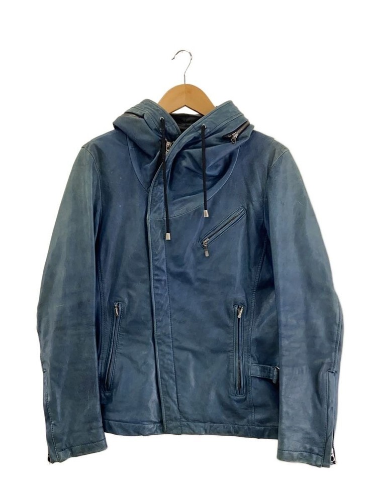 Katharine Hamnett London Discoloration/Hooded Rider Jacket/M/Goat Leather/Blu/Pl