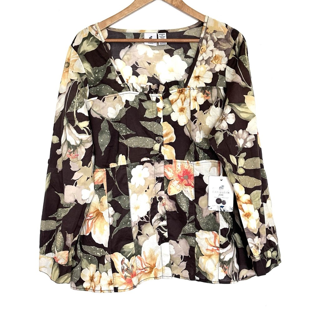 NWT Caribbean Joe Plus Shirt Women’s 1X Floral Boho Button Up Long Sleeve Top
