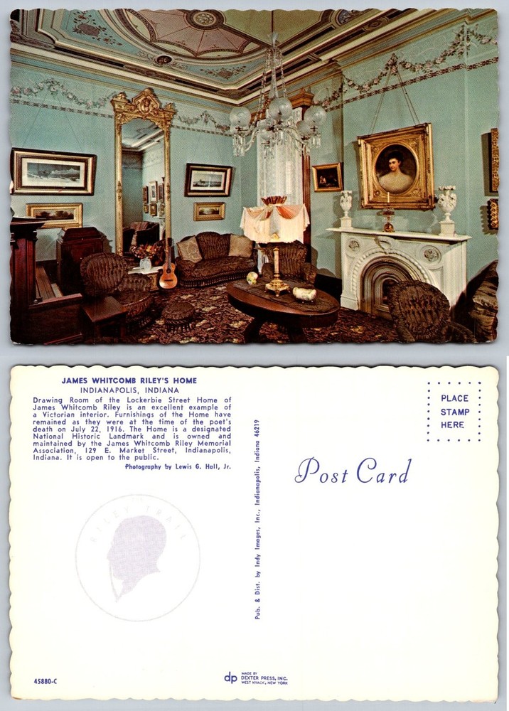 James Whitcomb Riley Home Drawing Room Indianapolis IN Vintage Postcard