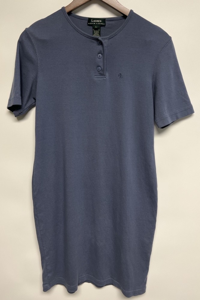 RALPH LAUREN VINTAGE Large Classic Midi T-Shirt Henley Dress Preppy Blue Tennis