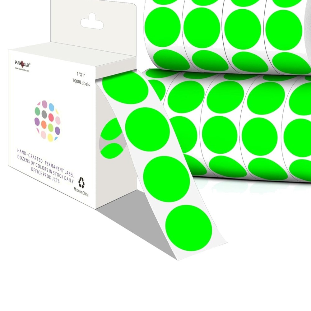 10 Rolls 10000 Fluorescent Green 1-Inch Round Labels for Inventory Tracking
