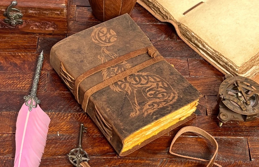 Howling Wolf Blank Witches Spell Book of Shadows Grimoire with Celtic Leather Cover