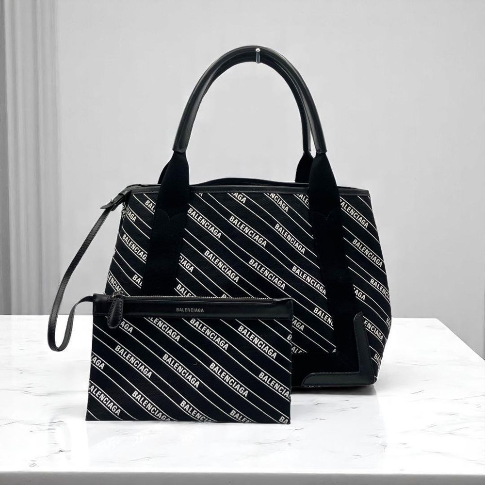 Balenciaga Navy Cabas Small Canvas Tote Handbag All-Over Pattern New