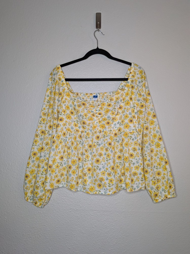 Old Navy Yellow Sunflower Floral Cottagecore Babydoll Peasant Puff Sleeve Top M