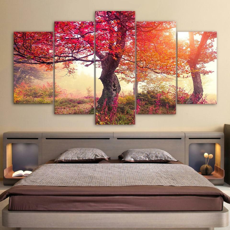 Autumn Fall Tree Seasons Forest Framed 5 Piece Canvas Wall Art
