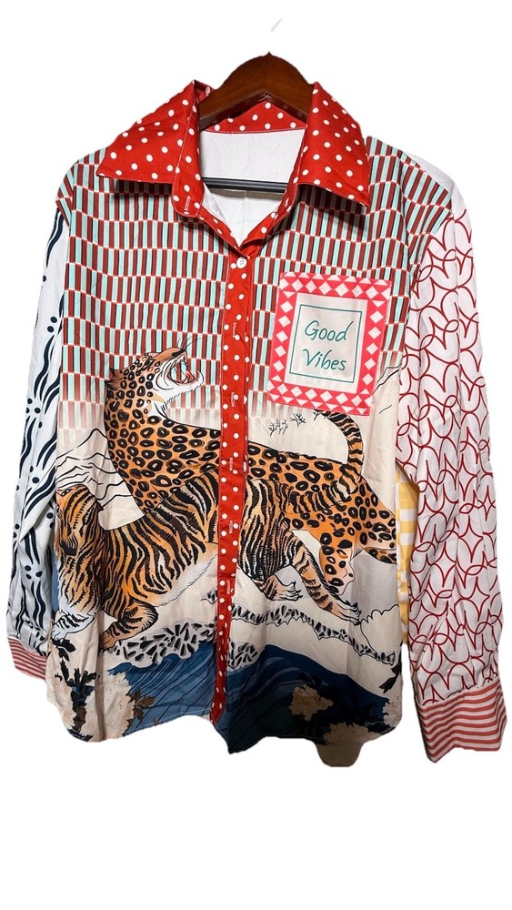 ME369 Isabel Oriental Shirt Large Tiger Leopard Mixed Print Button Up XL