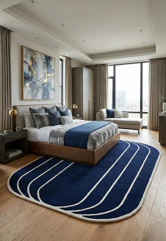 Modern Abstract Navy Blue Rug, Hand Tufted Geometric Wool Area Rug, Contemporary