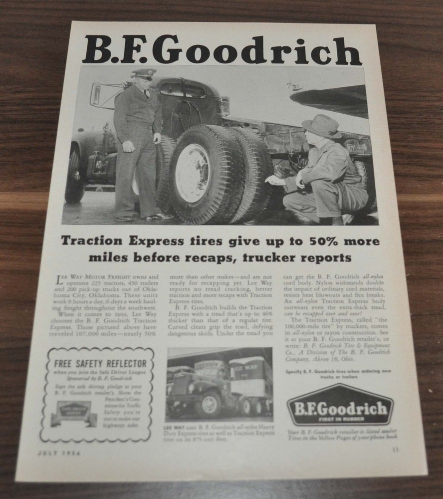 1956 Lee Way Motor Freight Goodrich Tire Mack B Ruan Transport Malsbary Truck Ad
