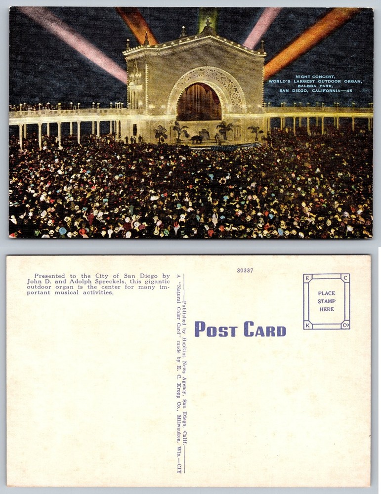 San Diego Balboa Park Night Concert World's Largest Outdoor Organ Linen Postcard