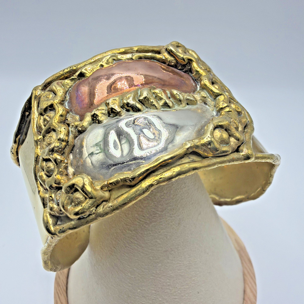 Handmade Cuff Bracelet Brass Copper & Silver Toned Accents Brutalist Size 8”