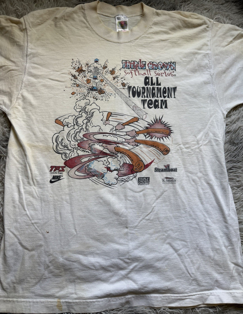 Fruit of the Loom Vintage Lofteez Beige Triple Crown Softball Graphic T-Shirt
