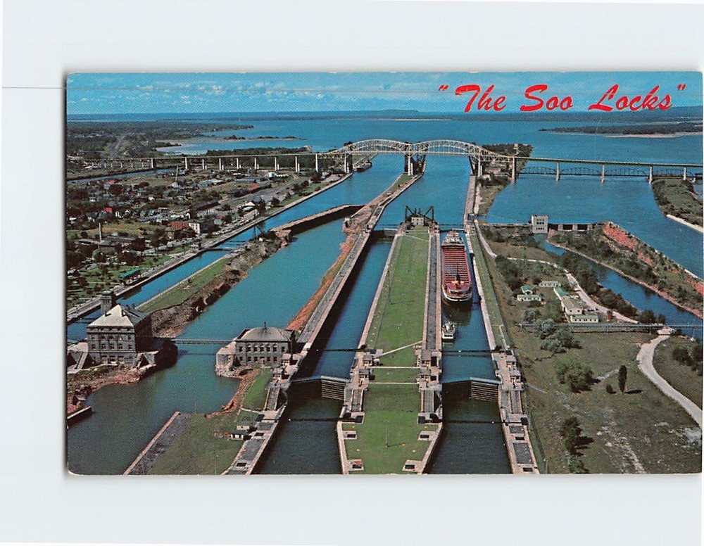 Postcard Aerial View Soo Locks Sault Ste. Marie Michigan USA