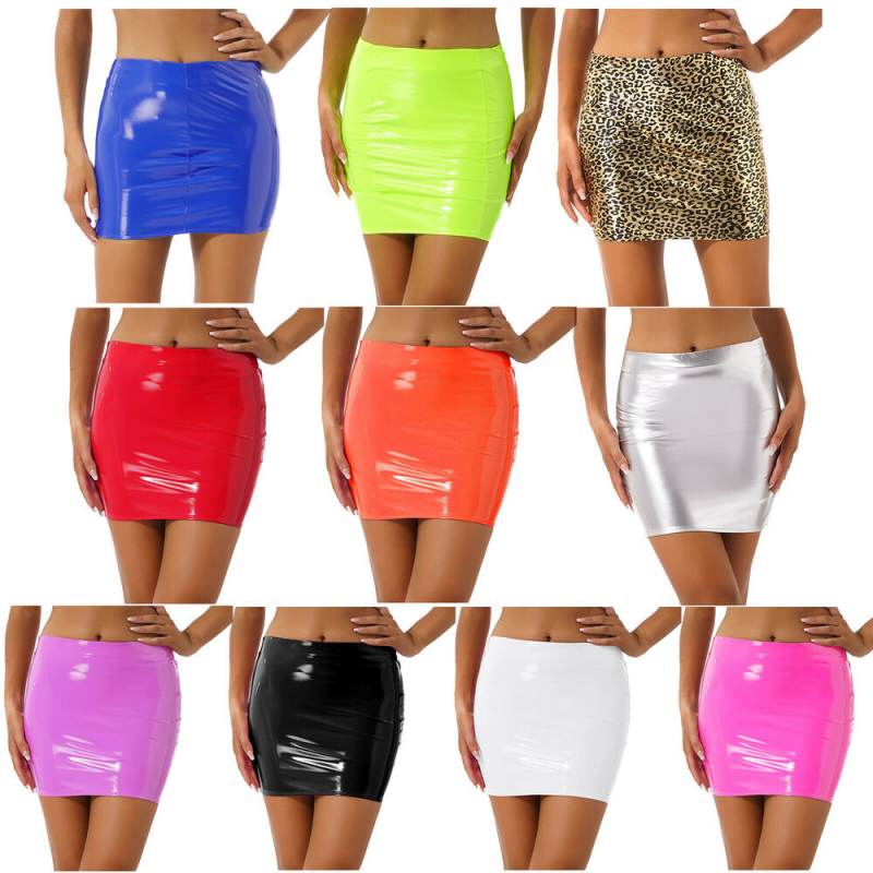 Women's High Waist Glossy PU Latex Bodycon Mini Pencil Skirt for Club & Festival