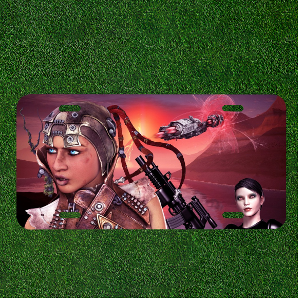 Custom Personalized License Plate Auto Tag With Galaxy Women And Space Ship