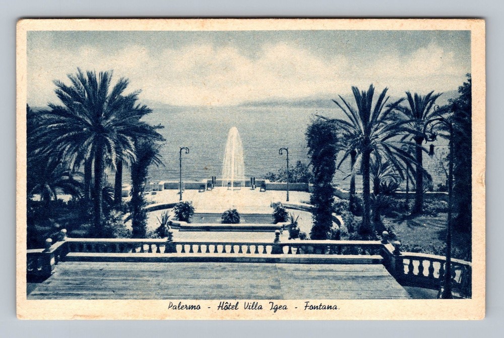 Italy- Sicily Palermo Hotel Villa Igea Fountain Souvenir Post Vintage Postcard