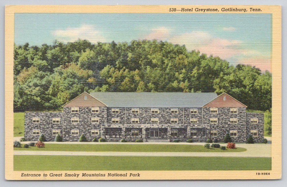 Hotel Greystone Gatlinburg TN Entrance Great Smoky Mountains Linen Postcard