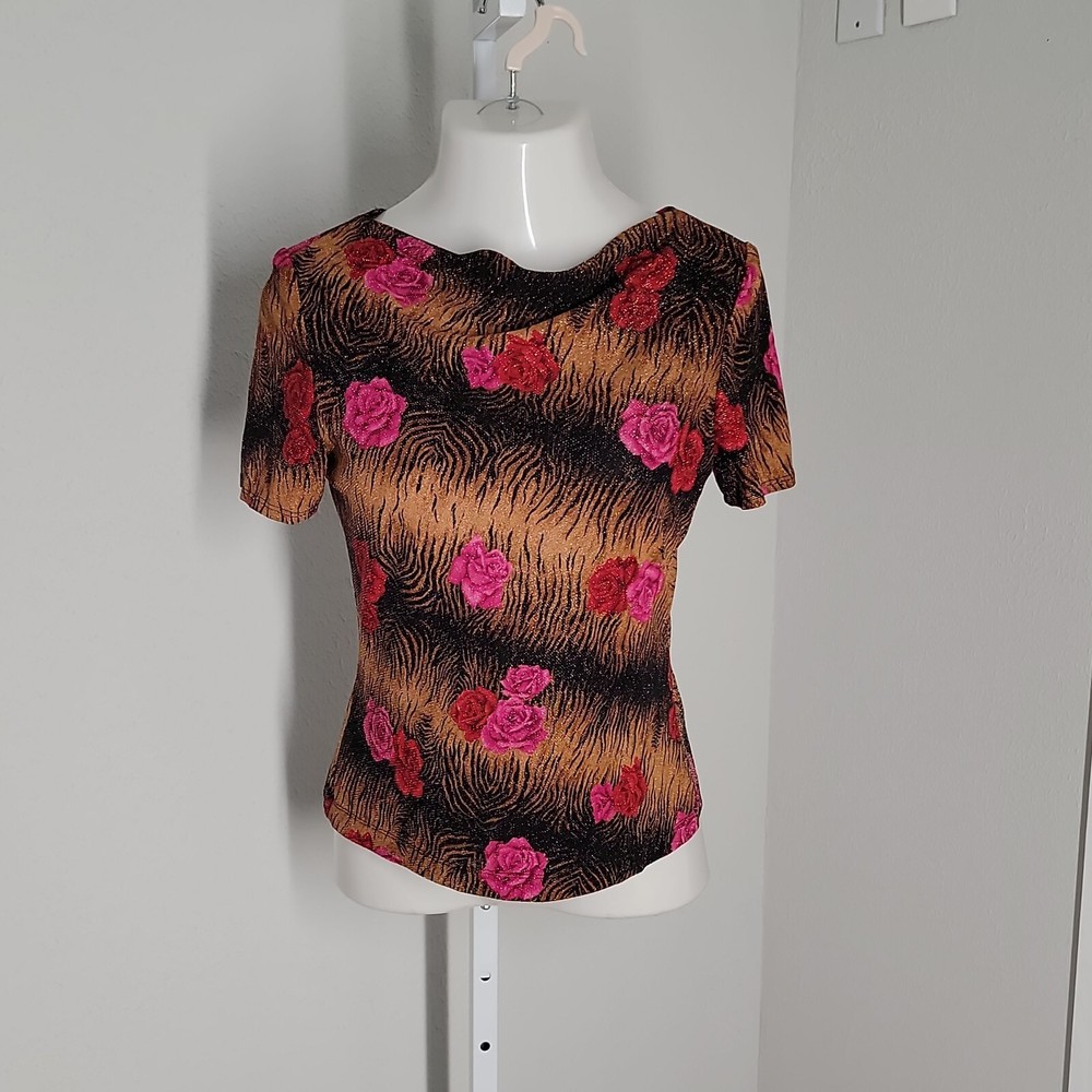 S.L. Fashion Cowl Neck Cute Brown & Pink Blouse Size 8 Short Sleeve