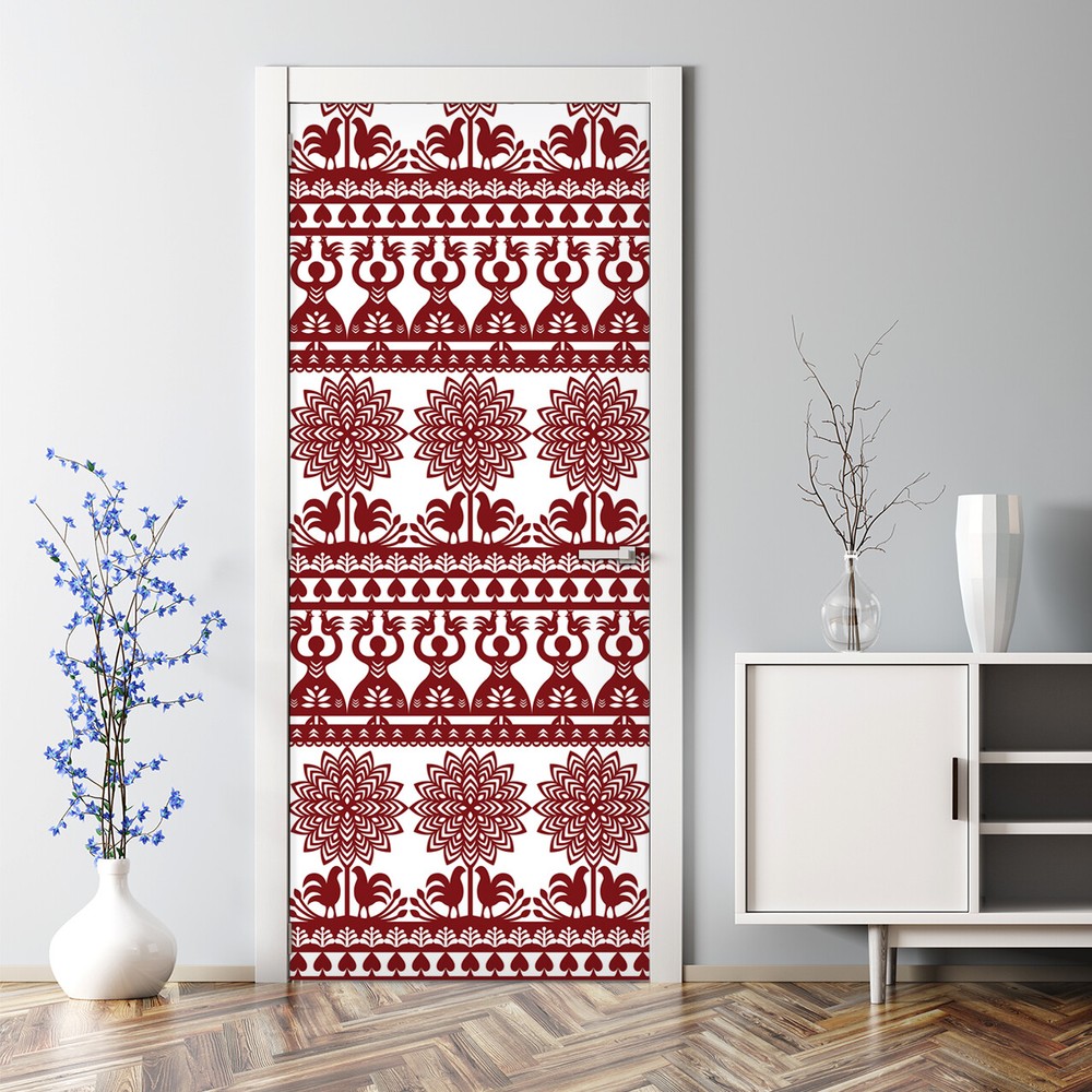 Kurpie red and white papercut bubble-free door decal decor sticker