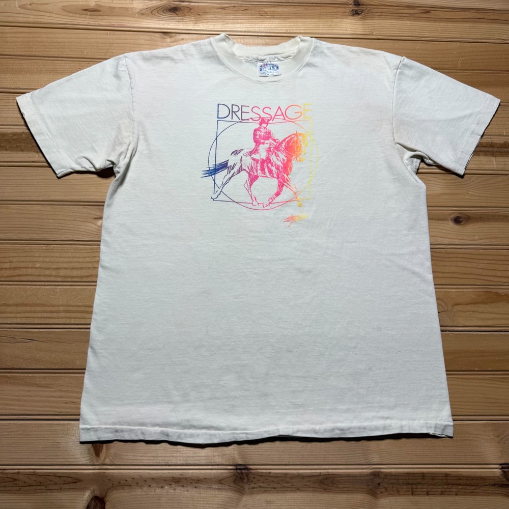 Vintage 80s Hanes Dressage Rainbow Horse Single Stitch Graphic T-Shirt USA Large