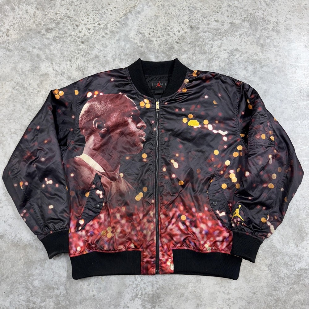Jordan Bomber Jacket Mens 2XL Black Loose Fit Full Zip Allover Photo Print