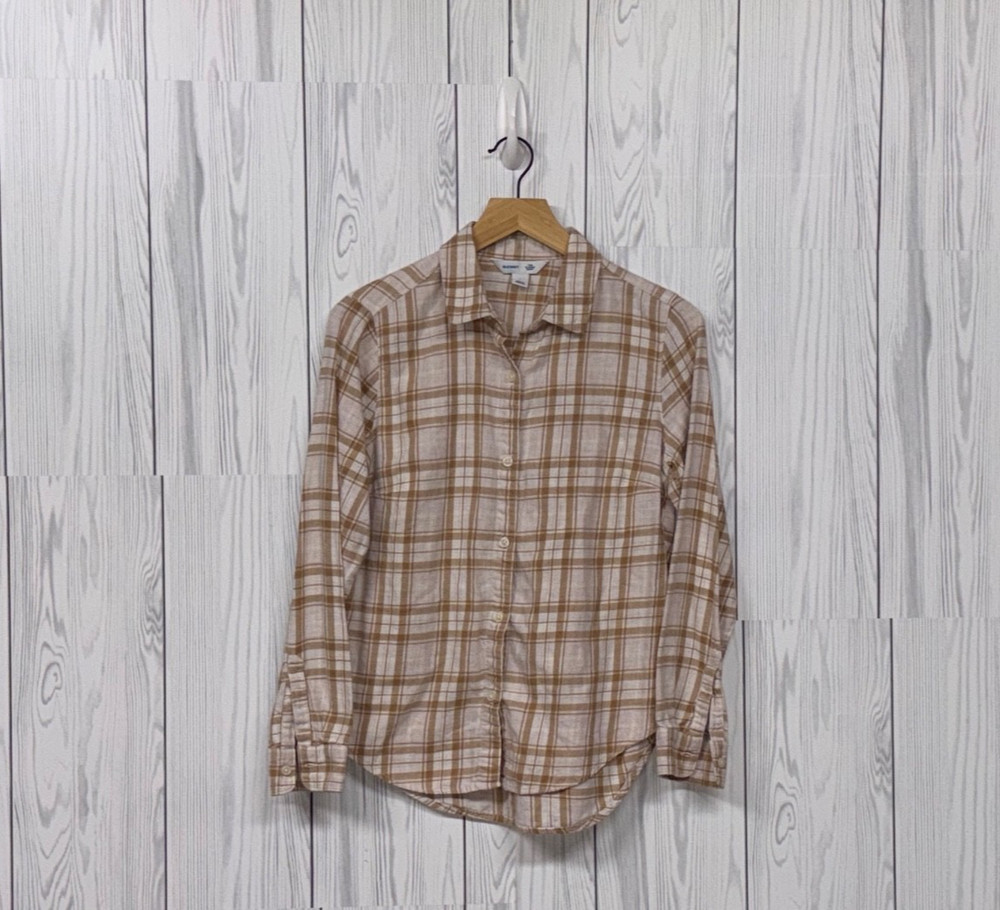 Old Navy plaid shirt womens size medium button up long sleeve cotton brown
