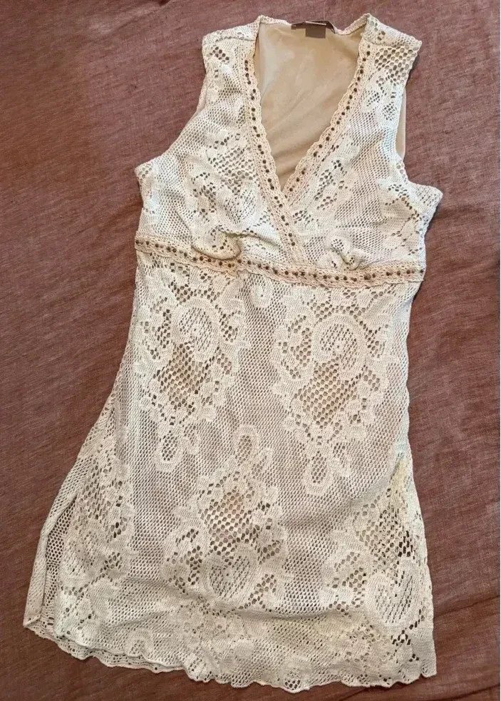 READ! Vintage 90s Bohemian Lace Overlay Beaded Trim Plunge Neck Tank Top, NWT