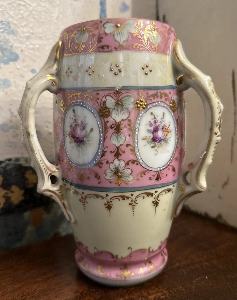 HandPainted 3 Handled Gold Gilding Pink Floral Vase Dots Granny Core