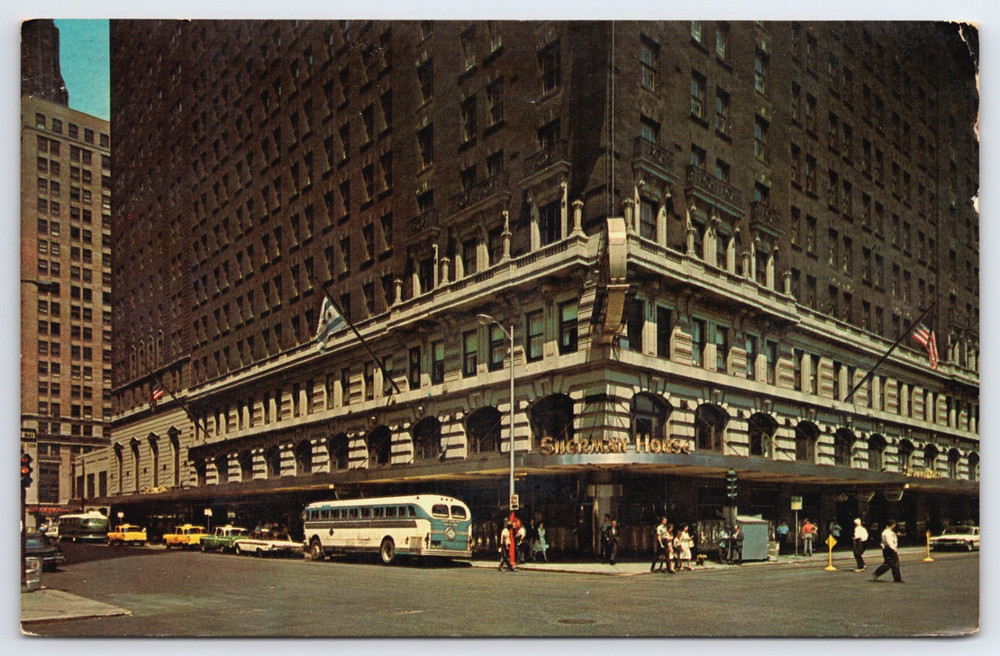 Chicago Illinois Sherman House Hotel Buses Cars People Vintage Photo Postcard