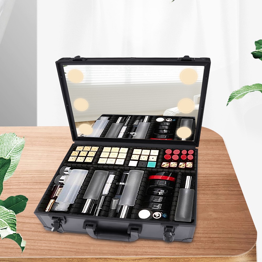 LED Travel Makeup Bag with Mirror Light - Black Cosmetic Organizer Case