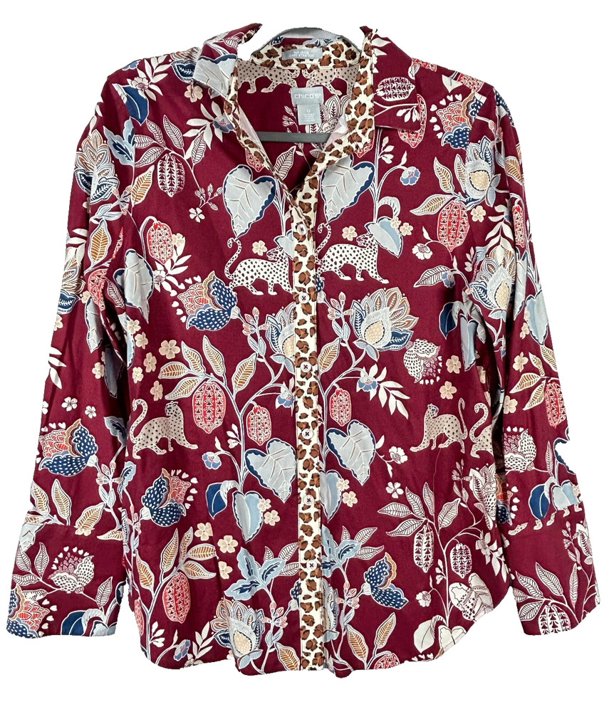 Chicos 0 No Iron Size 4-6  Long  Sleeve Flip Cuff Floral Animal Print Cheetah