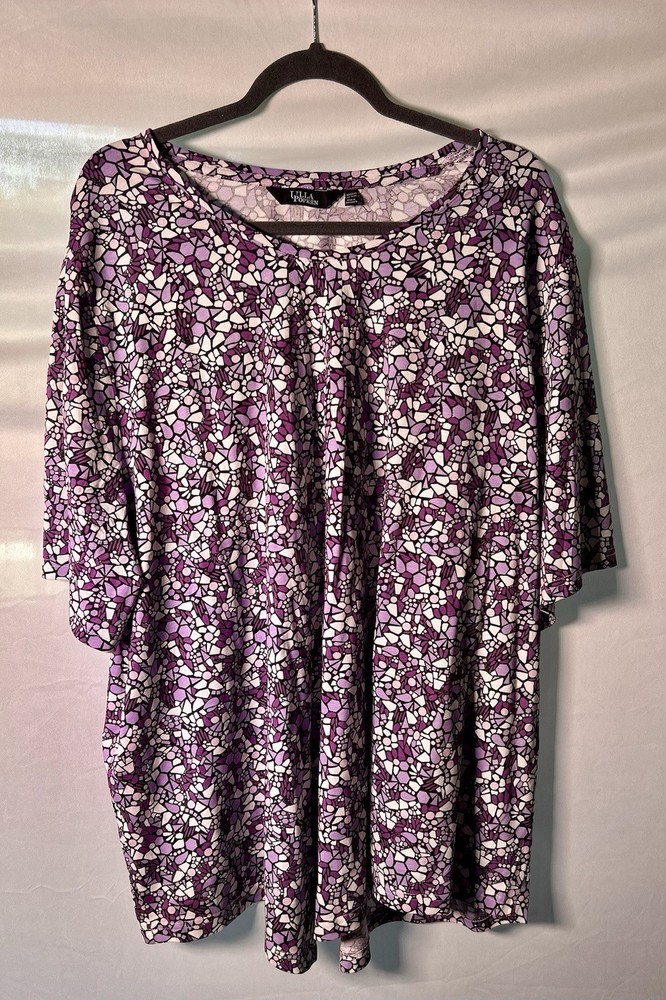 Ulla Popken Pure Scoop Neck Floral Cotton Top Plus Size 24/26 Purple Mosaic