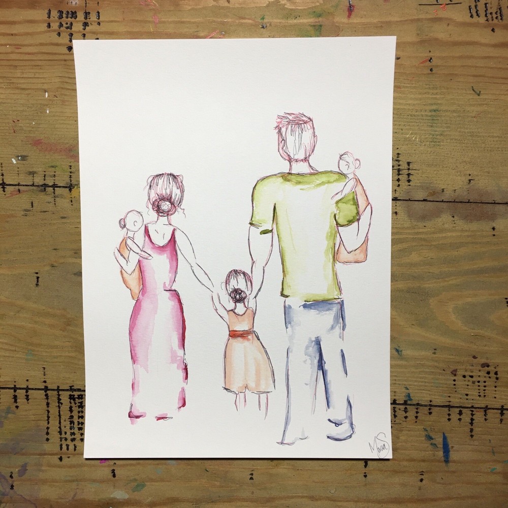Maria Scalf Family Figure Mother Father Children Kids Modern Watercolor Art 9x12