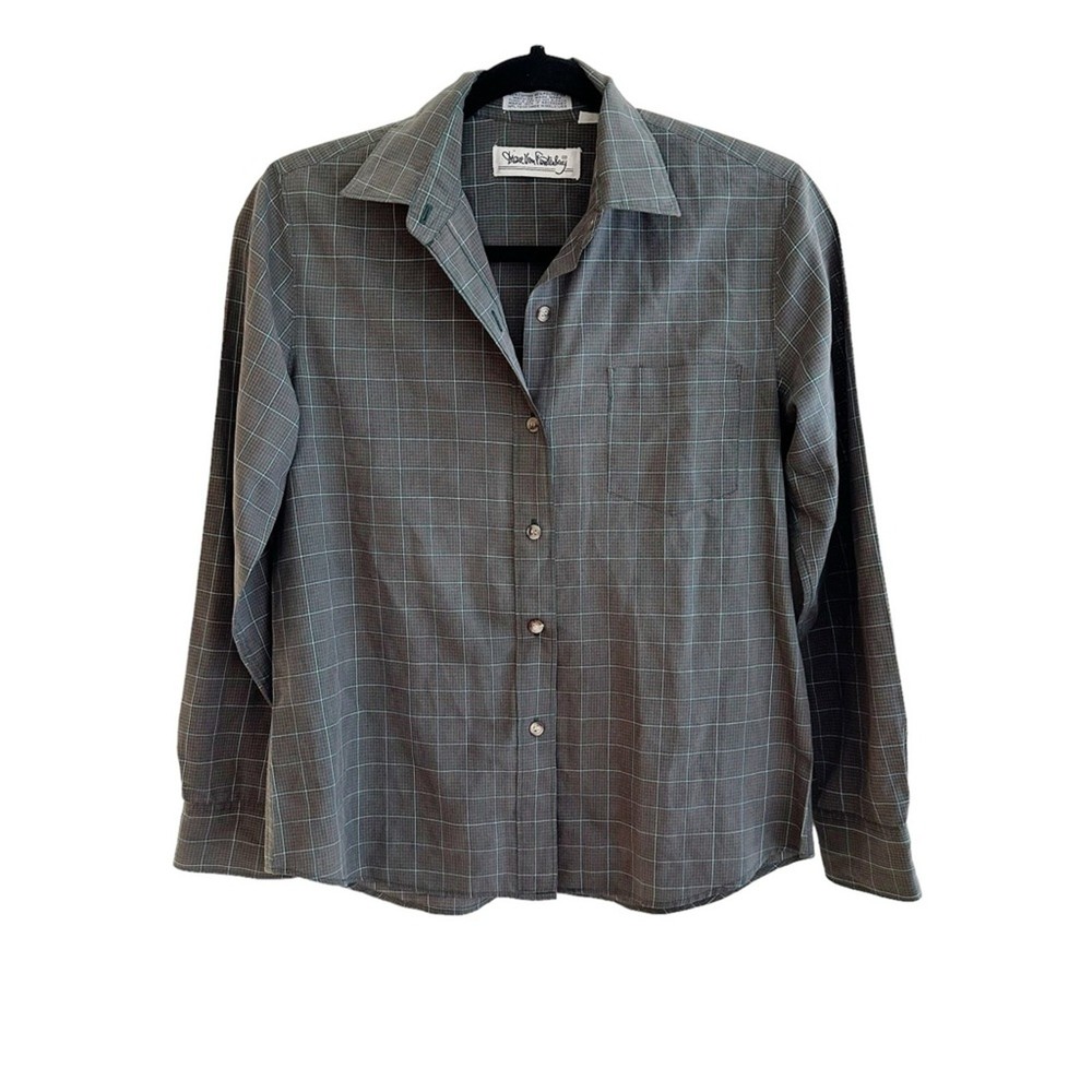 Diane Von Furstenberg Vintage Plaid Cotton Button Up Shirt Grey Size 10