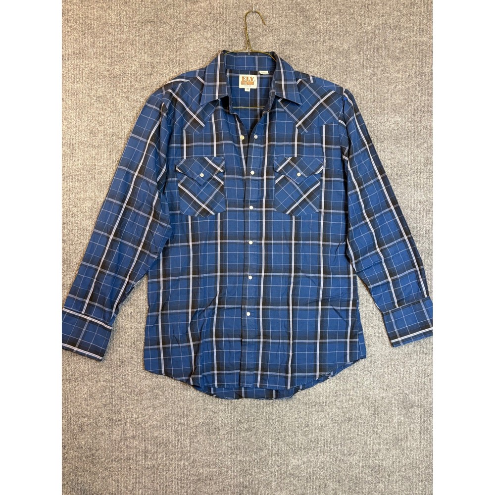 Ely Cattleman Mens Blue Plaid Western Pearl Snap Long Sleeve Shirt Size M