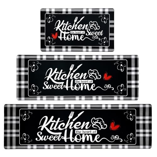 Non-Slip 3-Piece Black Grid Kitchen Runner Rugs Set 17x30 17x47 17x59  