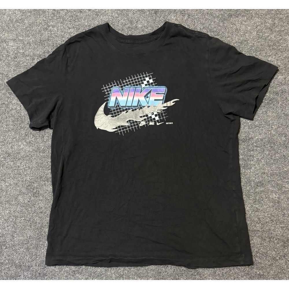 Nike Mens L T-Shirt Black Racing Flame Graphic Swoosh Retro Grid Tee