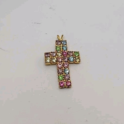 Vintage Gold Tone Cross Pendant With Multicolored Rhinestones 1.25