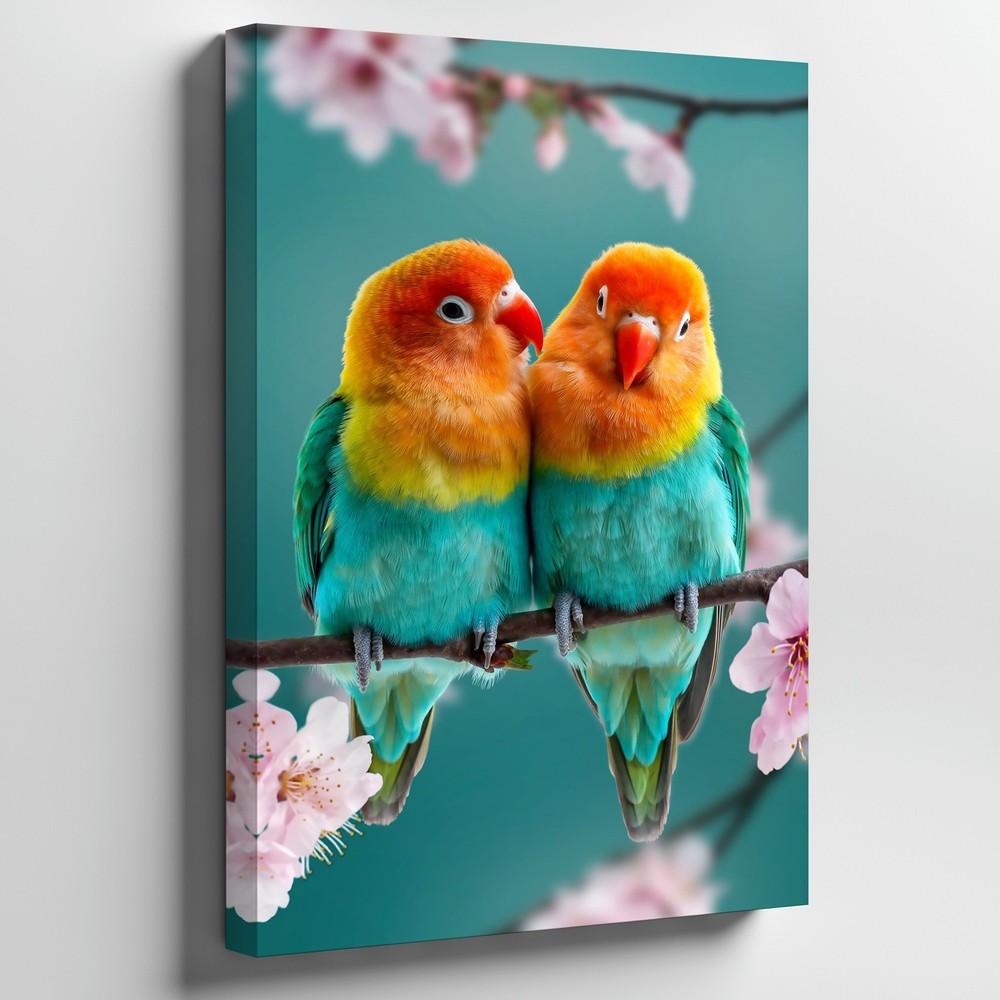 Wall Art Pair Of Vibrant Lovebirds Perched Closely On A Slender  Canvas Print