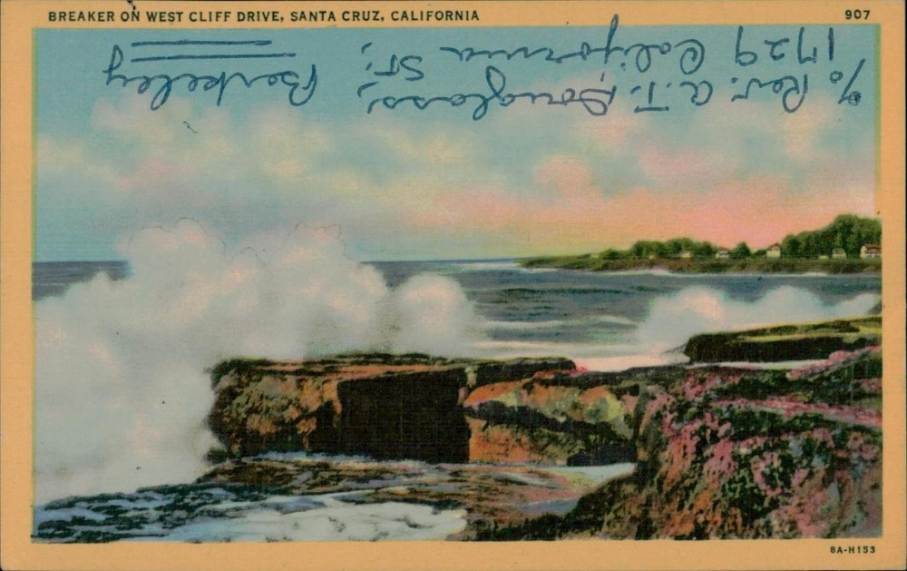 Vintage Linen Postcard Breaker on West Cliff Drive Santa Cruz CA