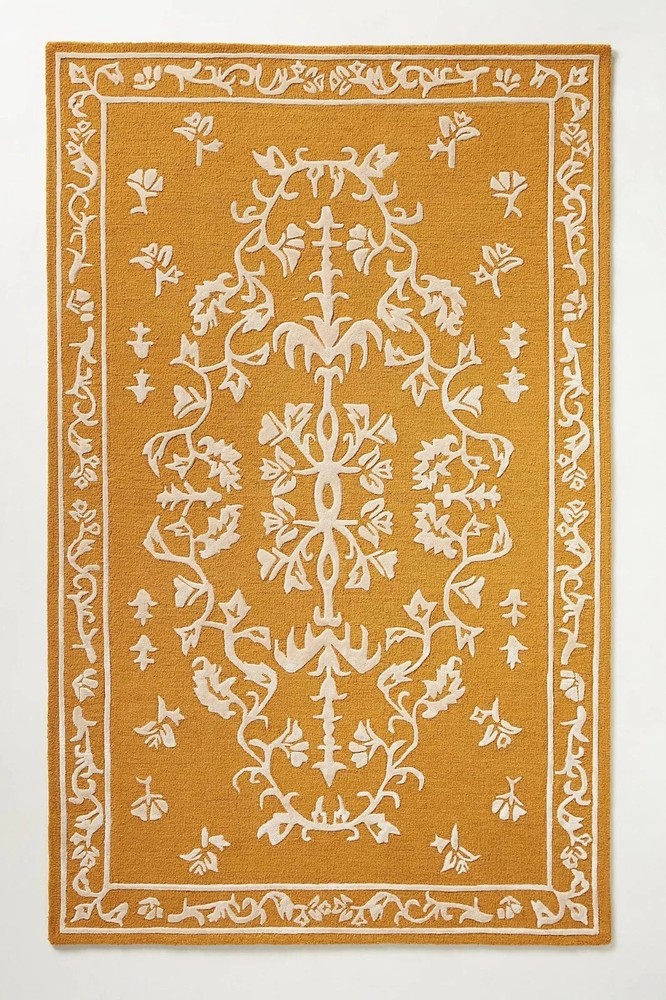 New Hand-Tufted Wool & Silk Rug Mustard Floral Traditional Carpet