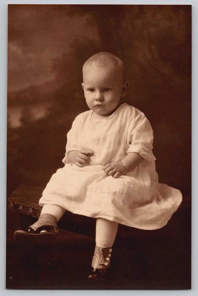 Original Old Vintage Antique Photo Picture Image Cute Baby Girl Dress Sepia