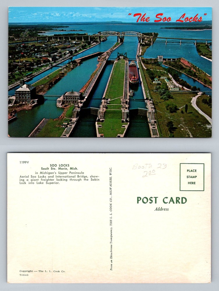 Sault Ste Marie, MI-Michigan, Soo Locks Intl Bridge Freighter Vintage Postcard