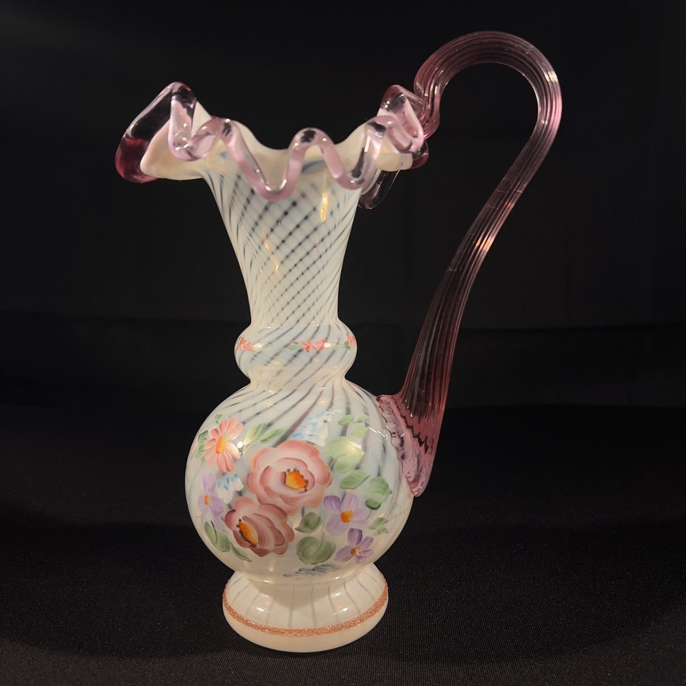 Fenton Glass Pink / Peach Opalescent Swirl Pitcher Hand Painted 1996 Signed