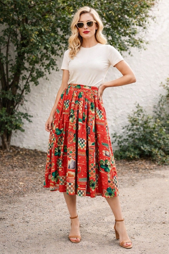 Vintage Floral Skirt A-line Coral Geometric Print High Waist Retro 80s Style