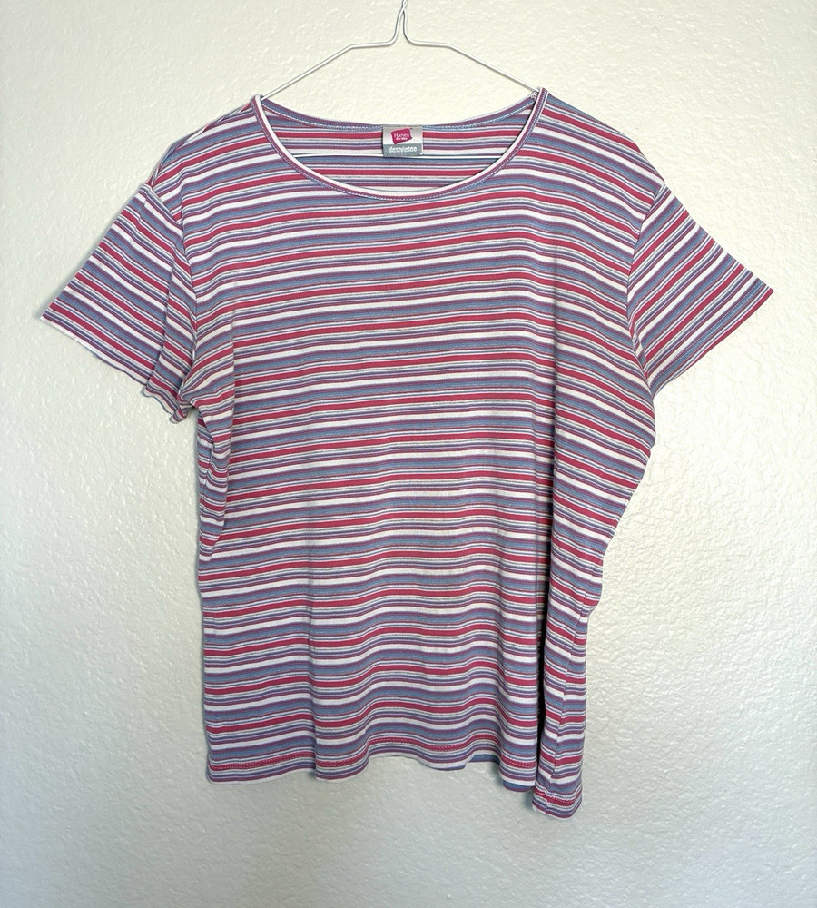 VTG Hanes Women’s Striped Knit Tee Shirt Pink/Blue/White Scoop Neck Size M Y2K