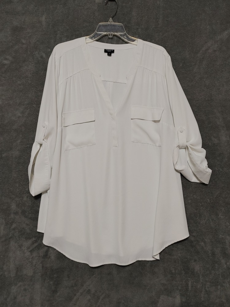 Torrid Harper 4X Ivory Roll Tab Blouse 3/4 Sleeve V Neck Woven Top Plus