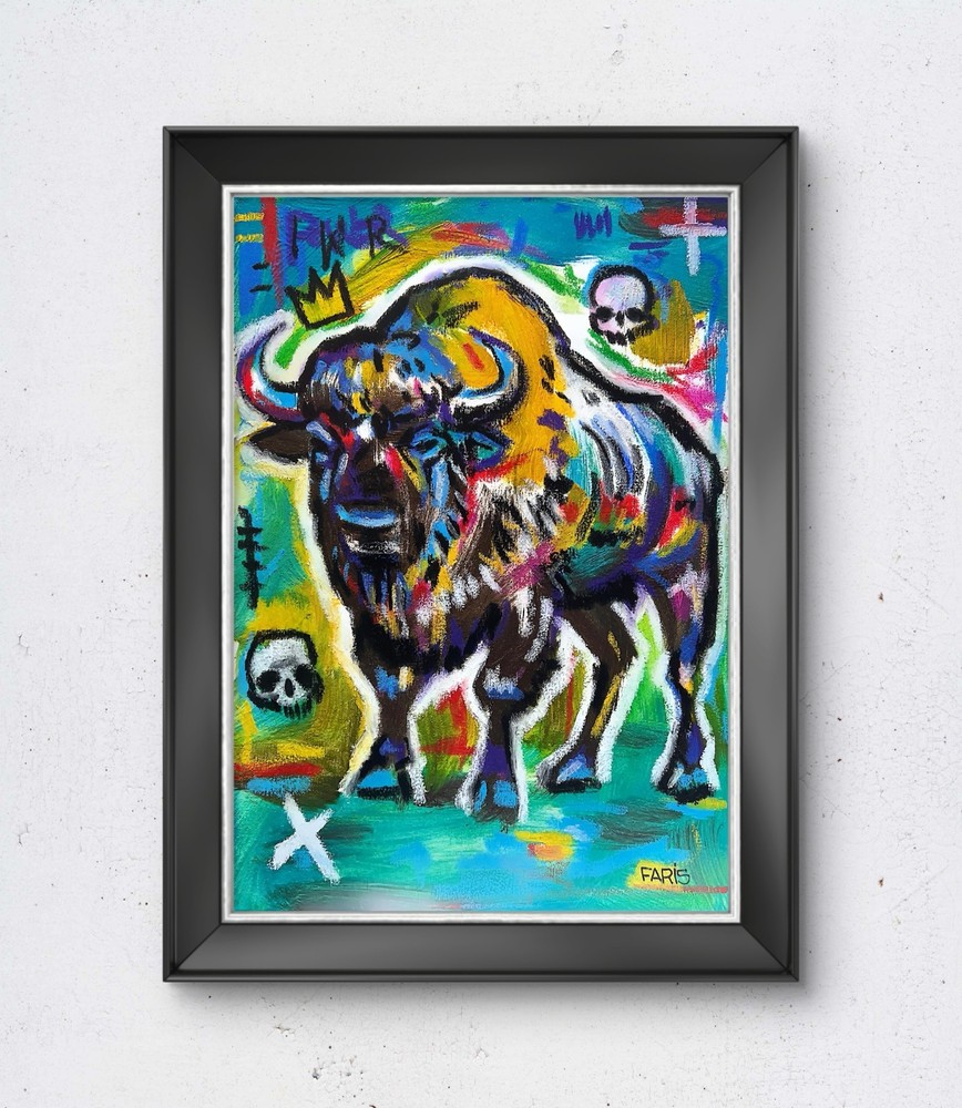 Faris Art: Aqua Buffalo : 12x16: Neo Expressionism, Abstract, Original, Canvas-image