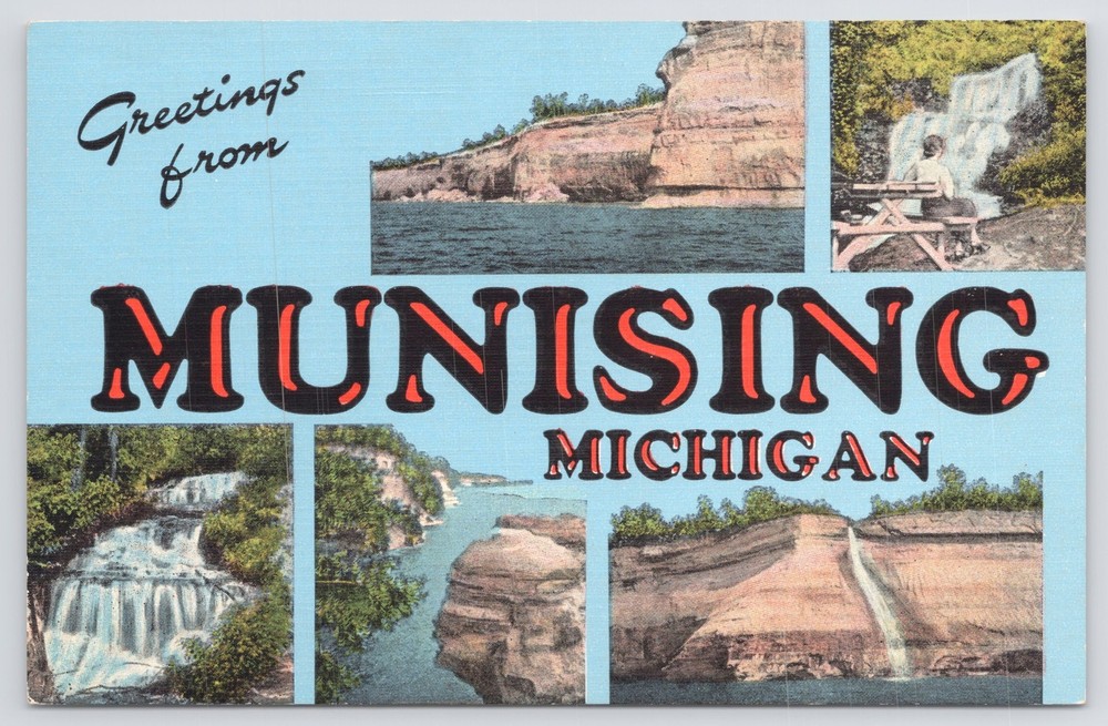 Linen~5 River Views @ Munising Michigan~Vintage Postcard